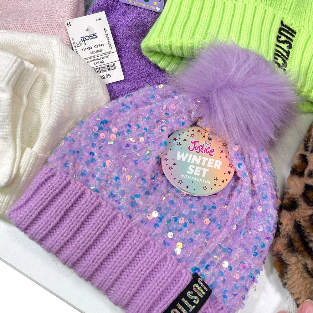 Mixed Lot of Girls Winter‎ Hats & Glove Beanie Sequin Animal Pom Knit Cap
